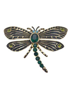 Dragonfly Brooch Pin Green & Blue Crystals Gold Tone Enamel Insect Bug Vintage